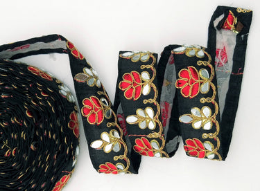 Black Silk Trim With Mirrors Embellishments and Gold Embroidery, Approx. 38mm Wide, Decorative Trim Costume Trim Floral Trim By Yard